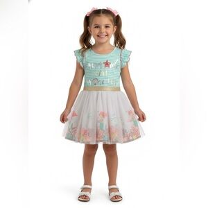 Little Lass Aqua Striped Dress with Red Starfish